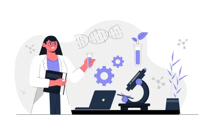 Genetics Research Concept Female Scientist in Medical Uniform Flat Style Illustration